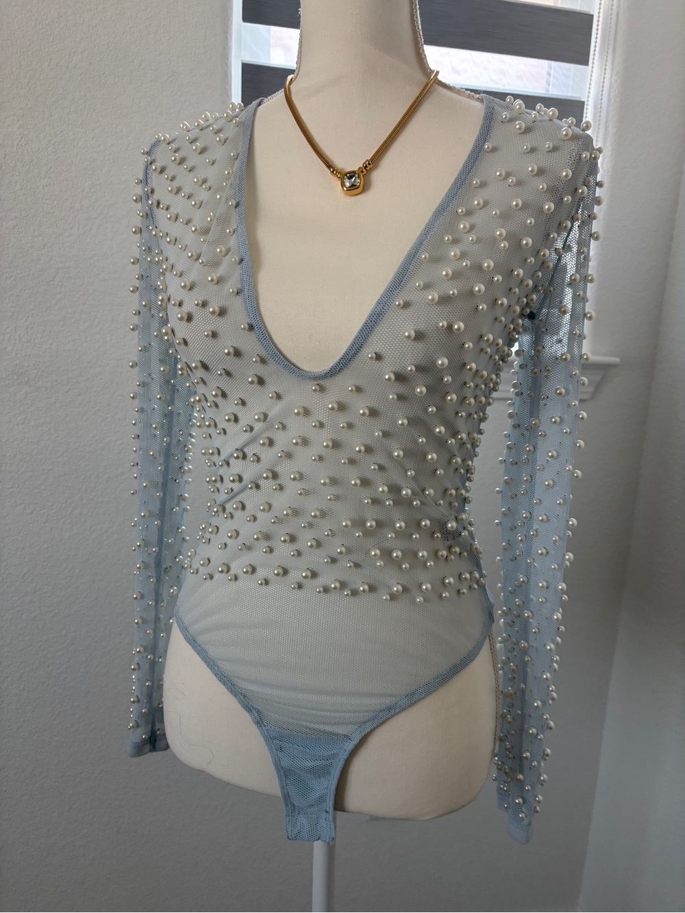 Sheer Light Blue Pearl-Embellished Long-Sleeve Bodysuit